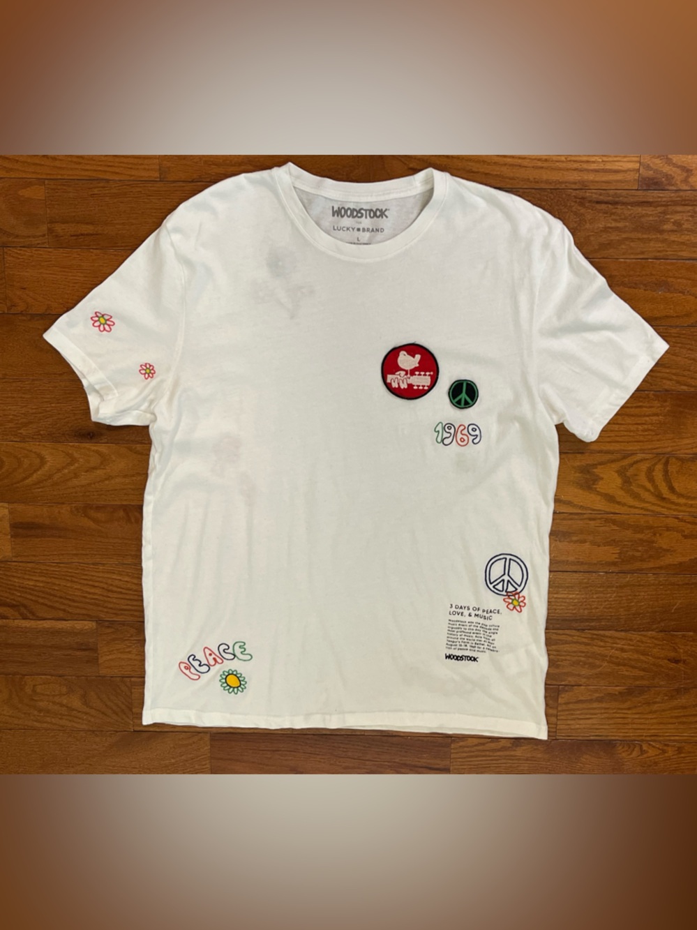 Men’s Lucky Brand Woodstock 1969 Peace Love Music Cotton Graphic Tee L Festival